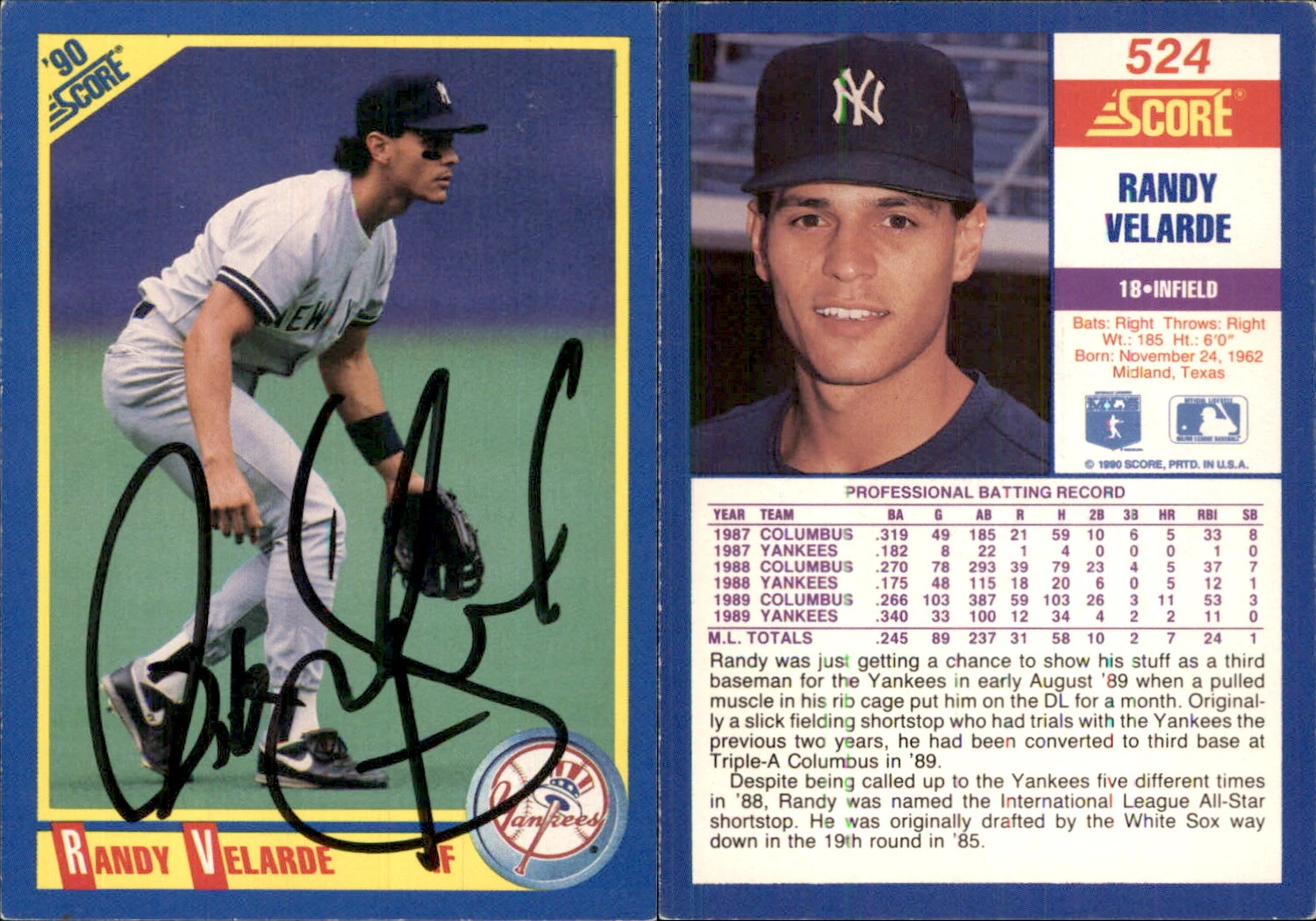 Randy Velarde Signed 1990 Score #524 Card New York Yankees Auto AU