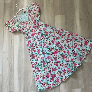 Robe Ann Taylor imprimé floral fraise midi femme bleu (taille 2 petite) lumineuse - Photo 1/6