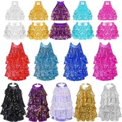 UK Girls Sequins Costume Outfit Sparkle Ballet Leotard Jazz Modern Dance Clothes - Image 1 of 3