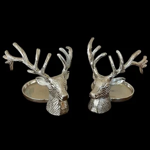 Pottery Barn Silver Tone Deer Head Candle Holder Reindeer Stag Set Of Two - Picture 1 of 4