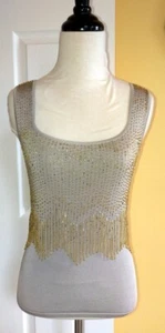 THE LIMITED Light Silver Stretch Knit Tank Top w/ Gold Beads, Fringe (S) NWT - Picture 1 of 6