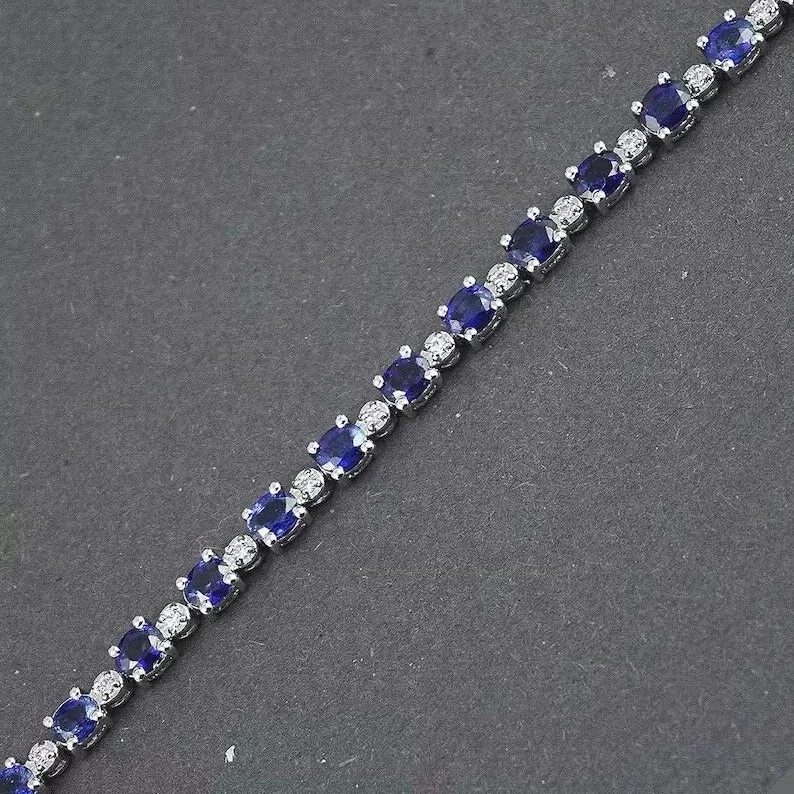6Ct Blue Oval Cut Lab-Created Diamond Women Chain Bracelet 14K White Gold Plated - Image 1 of 4