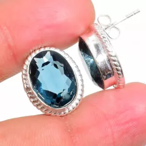 London Blue Topaz Gemstone Handmade 925 Sterling Silver Stud Earring Size 0.75" - Picture 1 of 1