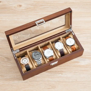 1x Glass Sunroof Lid 5 Slots Mechanical Watch Holder Removable Pillow Wooden Box - Picture 1 of 7