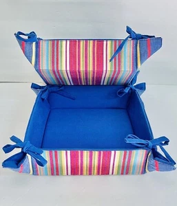 NEW*12"FRENCH PROVENCAL STRIPED/ROYAL BLUE COTTEN BREAD BASKET - Picture 1 of 9