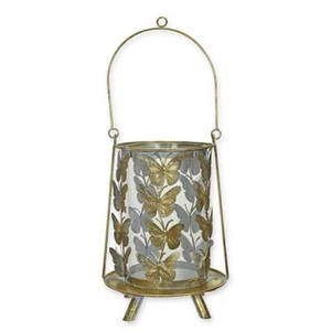 9934657 Lantern Metal Glass Lantern Golden Butterfly Rustic 33x24cm - Picture 1 of 1