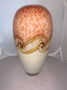 Murano Vase Large Hand Blown Cased Art Glass Orange Cream Mocha Swirl Heavy - Picture 1 of 12