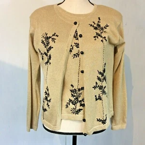 Lise J 2pc Metallic Gold Sweater Set BLack Embroidery Holiday Event Career SMALL - Picture 1 of 8