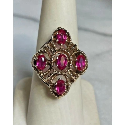 YELLOW GOLD & LAB-CREATED RUBY COCKTAIL RING SIZE 7.5 SKY - Image 1 of 4