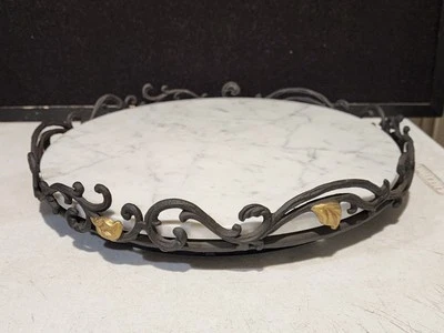 GG Gracious Goods Gold Leaf Collection 14.5" Metal Lazy Susan w/Marble Top - Image 1 of 4