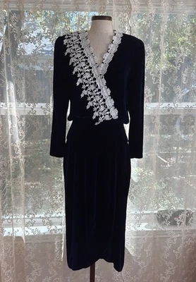 Jessica McClintock Vintage Velvet Victorian Inspired Midi Dress Lace Trim Sz 10  - Image 1 of 4