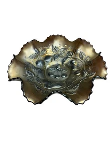 Antiguo Northwood Tres Frutas Amatista Carnaval Vidrio Volantes Cuenco Tejido de Cesta - Imagen 1 de 15