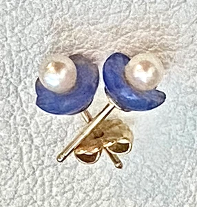 Vintage 14k Yellow Gold Blue Floral Pearl Stud Earrings 1967 - Picture 1 of 6