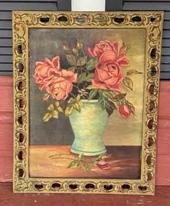Elegant Antique Gold Gilt Wood Frame Oil Painting Vintage Flowers - Picture 1 of 14