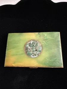 Vintage Bakelite Green Jade Brass Case Business Card Holder - Picture 1 of 10