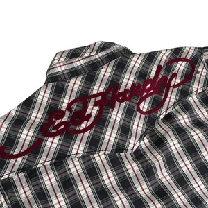 ED HARDY Plaid Western Style Pearl Snap Shirt Cotton Gray White Red Mens LARGE - Bild 1 von 10