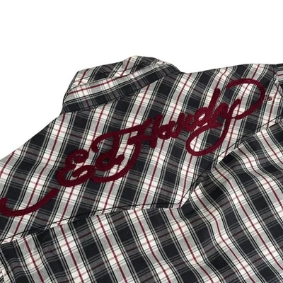 Camisa ED HARDY a Cuadros Estilo Occidental Perla a Presión Algodón Gris Blanco Rojo Para Hombres GRANDE Foto 1 de 4