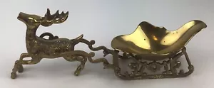 Vintage Solid Brass Reindeer Pulling Brass Sleigh Sled Christmas - Picture 1 of 17