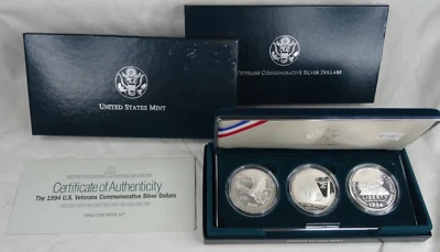 1994 US Veterans 3 Coin Proof Silver Dollar Set US Mint Commemorative $1 - Image 1 of 4
