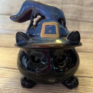 Halloween Black Cat Witch Tealight Candle Votive Holder Blue Hat Cutouts 6x4.5”