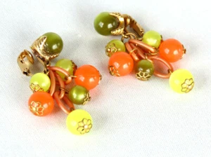Vtg Dangle Clip Earrings Orange & Olive Green Moonstones 2" Dangle - Picture 1 of 5