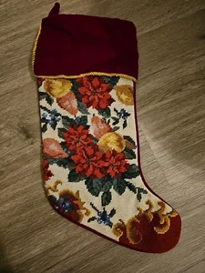 Vintage Christmas Stocking Wool Needlepoint Velvet - Picture 1 of 4