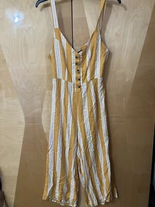 Kendall & Kylie Womens Jumpsuit M Medium Yellow White Striped Open Back Wide Leg - Picture 1 of 8