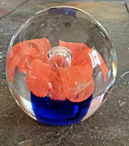 Art Glass Globe Orb Paperweight Cobalt Blue Orange Red Flower Controlled Bubble - Picture 1 of 7