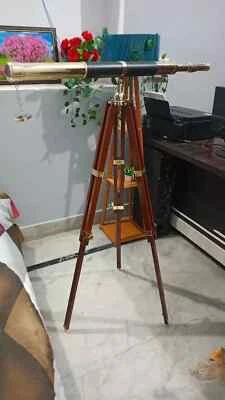 Antique Nautical Floor Standing Brass Telescope With Lock Tripod Wooden Stand - Image 1 of 4