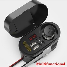 Motorcycle Handlebar Cigarette Lighter Dual USB Charger+Switch+LED Voltmeter