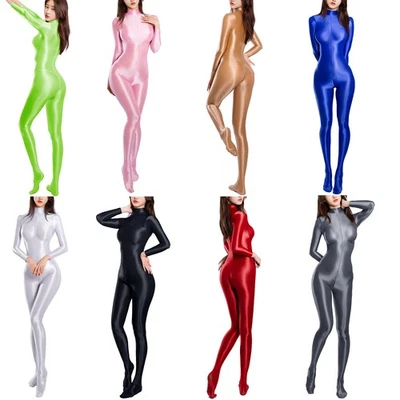 Women Oil Shiny Sheer Zipper Jumpsuit Bodysuit Smooth Romper Long Sleeve Catsuit - Изображение 1 из 4