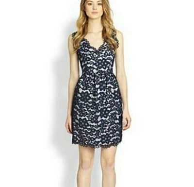 Shoshanna Women’s Sierra Navy V-Neck Lace Sheath Dress Lined Pockets Size 6 $335 - Image 1 of 4
