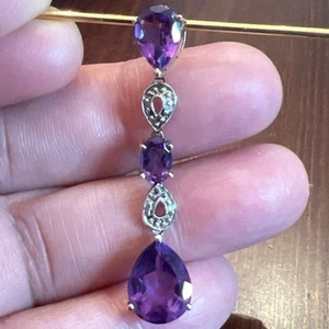 Vintage 10K Yellow White Gold 3 Gemstone Amethyst Dangle Drop Pendant 2.16g - Picture 1 of 14