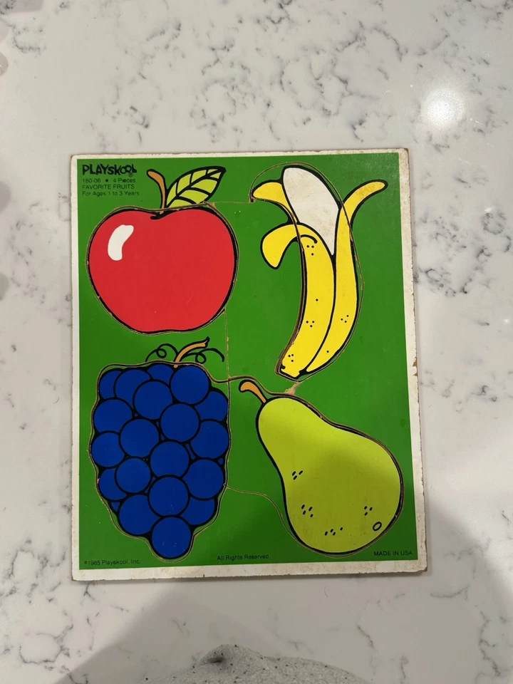 Rompecabezas bandeja madera vintage 1985 Playskool frutas favoritas 4 piezas manzana uva plátano Foto 1 de 1