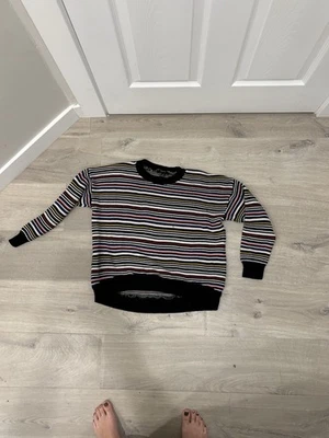 F21 Contemporary Rainbow Multi Color Crochet Knit Sweater L Small Stripes - Image 1 of 4