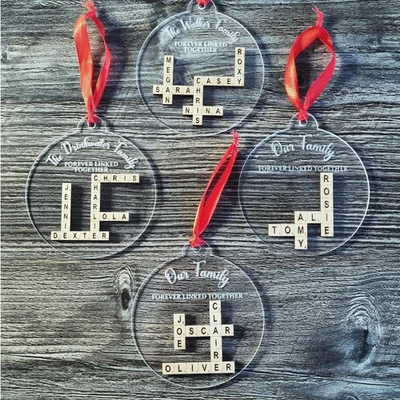 BEAMIT LASER DESIGN hand made Personalised family scrabble Christmas tree hanging decoration