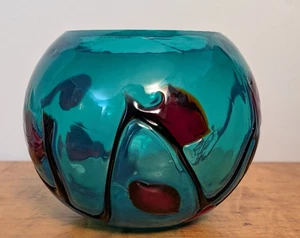 Modern Glass Round Bowl Vase Globe Teal/Aqua with abstract black & red pattern - Picture 1 of 10