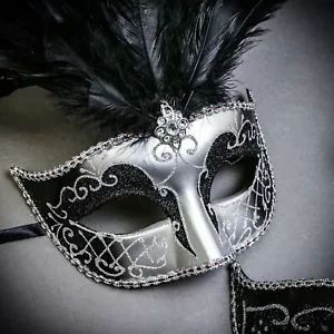 Silver Black Side Feather Glitter & Silver MardiGras Top Feather Party Masks - Picture 1 of 3
