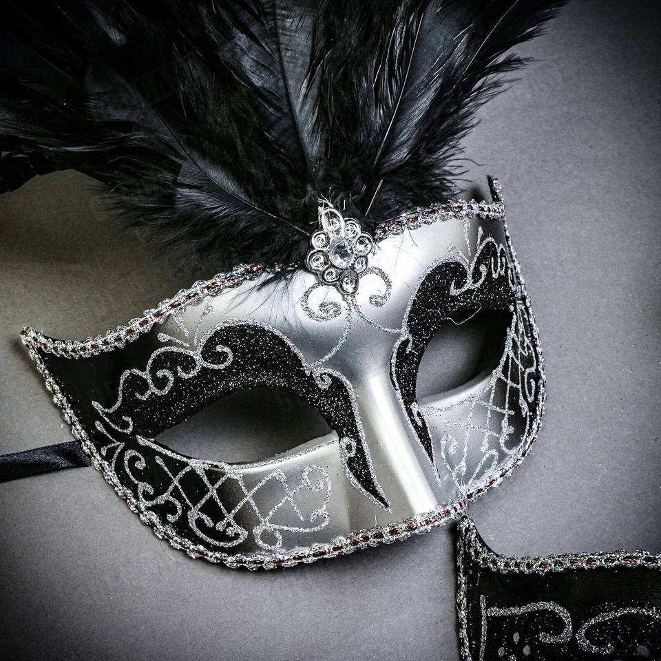 Silver Black Side Feather Glitter & Silver MardiGras Top Feather Party Masks - Image 1 of 3
