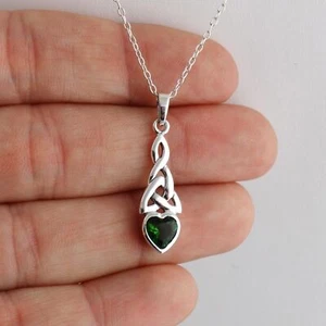 Sterling Silver Celtic Knot Heart Necklace with Green Cubic Zirconia, 18" Chain - Picture 1 of 3