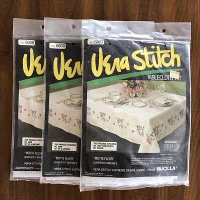 Bucilla Vera Stitch Petite Fleur Stamped 58" Round Tablecloth & 8 Napkins NEW - Image 1 of 3