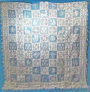  c1920 ANTIQUE FRENCH LINEN BEDSPREAD  FIGURAL FILET INSERTS OF BIRDS + CHILDREN - Picture 1 of 9