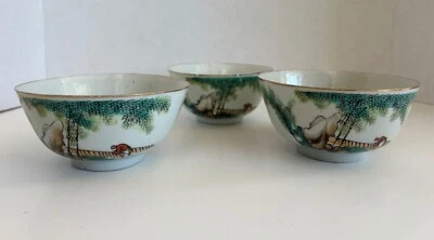 Juego de 3 cuencos de arroz antiguos de porcelana china, paisaje pintado a mano, borde dorado Foto 1 de 4