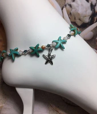Handmade Healing Turquoise Stone Anklet/Ankle Bracelet W/Swarovski Elements USA - Image 1 of 2