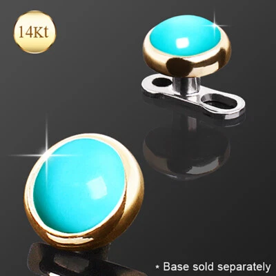 14K Solid GOLD Turquoise Stone Dermal Anchor Piercings Top Internally Screw Ring - Image 1 of 2