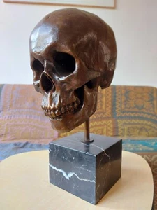 Heavy Bronze Sculpture Statue of a Human Skull on Marble Base - Picture 1 of 9