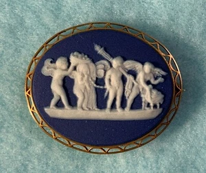 Antik 14kt. Goldmontierung Wedgwood Jasperware Kobalt und Weiß Brosche - Bild 1 von 4