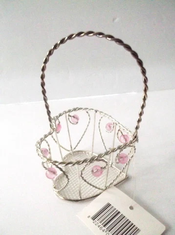 Metal Valentine Basket Twisted Wire Heart Shaped With Pink Accents Cover