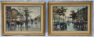 Par original de pinturas al óleo enmarcadas escena callejera Edouard Courtois Paris = Foto 1 de 4