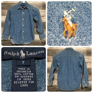 Vtg Ralph Lauren Denim Button Up Shirt Boys Size 7 Blue 100% Cotton - Picture 1 of 7